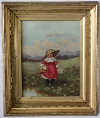 Appraisal: OIL PAINTING ON CANVAS DEPICTING LITTLE GIRL WITHFLOWERS AND A