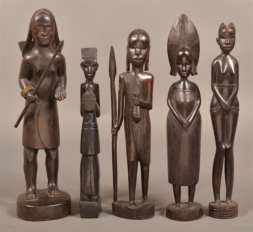 Appraisal: Vintage African Ebony Figural Wood Carvings Five Vintage African Ebony