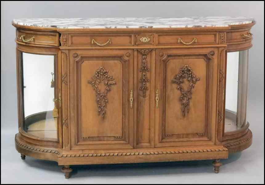 Appraisal: FRENCH WALNUT MARBLE TOP BAR CABINET Interior drawer bears a