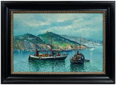 Appraisal: Augusto Gomes Martins painting Portuguese born coastal scene with moored