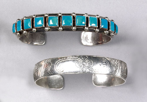 Appraisal: Silver and turquoise cuff marked F Peshlakai together with an