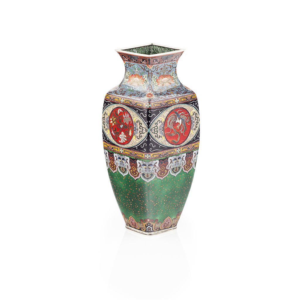 Appraisal: JAPANESE CLOISONNE AND LACQUER VASE MEIJI PERIOD of squared form