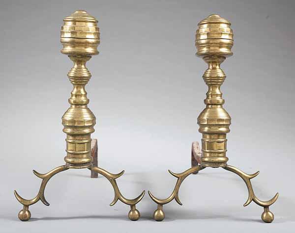 Appraisal: A Pair of American Brass Beehive Andirons c - having