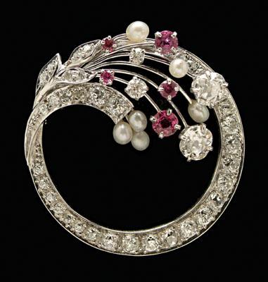 Appraisal: Diamond ruby and pearl brooch round kt white gold pin