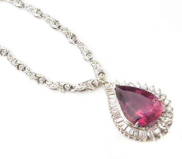 Appraisal: A pink tourmaline diamond and fourteen karat white gold necklace