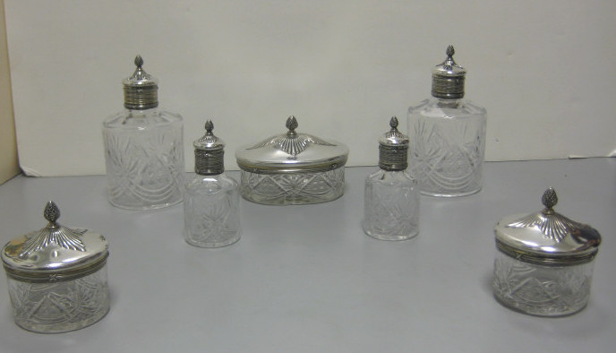 Appraisal: RUSSIAN SILVER AND CUT GLASS VANITY SET Six pieces comprising