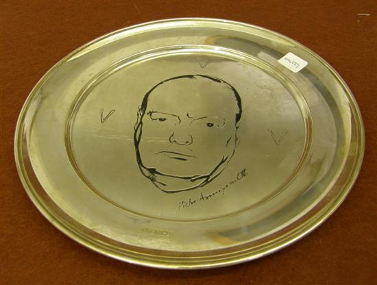 Appraisal: Modern silver plate engraved with the head of Churchill with