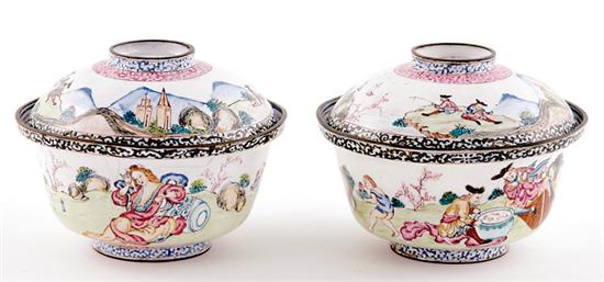 Appraisal: Pair Chinese Export Canton enamel European subject ricebowls with lids