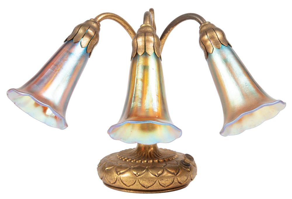 Appraisal: Tiffany Gilt Bronze Three-Light Lily Piano Lamp early th c