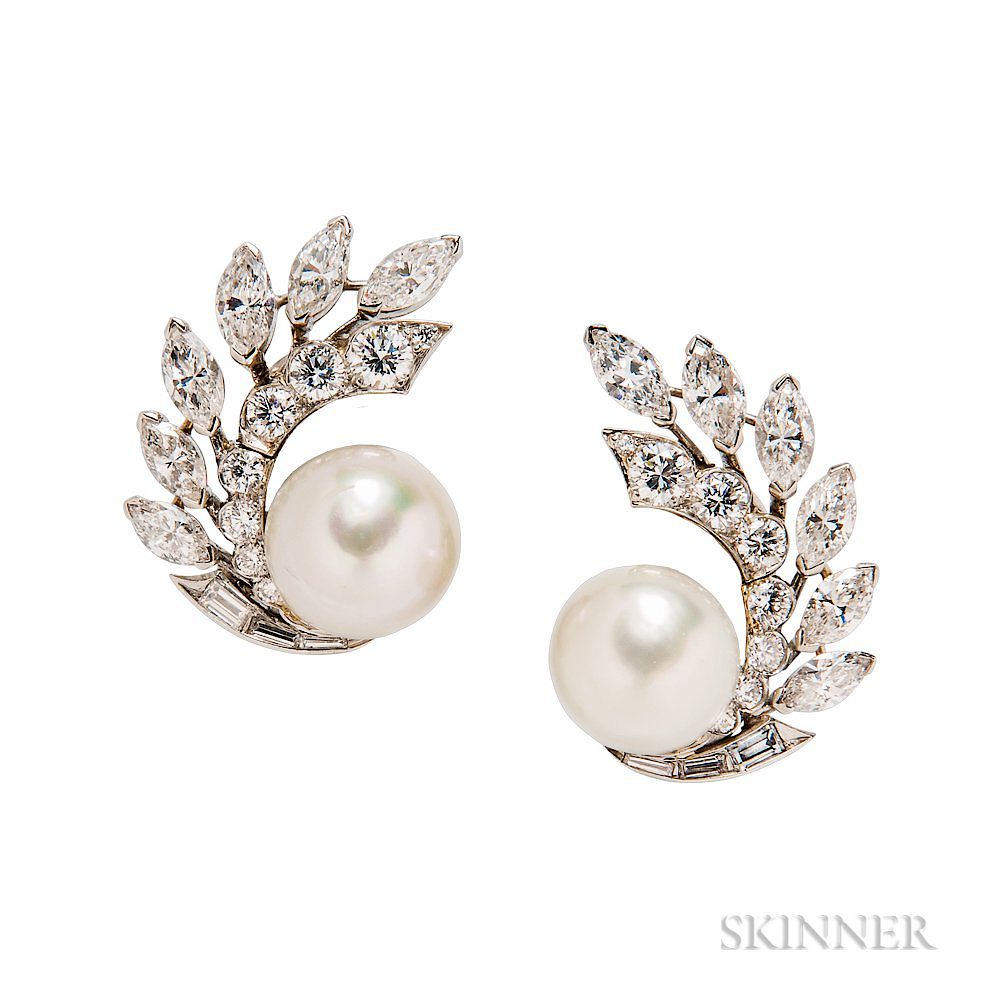 Appraisal: Platinum Cultured Pearl and Diamond Earrings Van Cleef Arpels Platinum