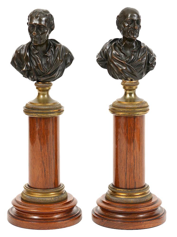 Appraisal: Pr th C Bronze Hardwood Busts Pair of continental patinated