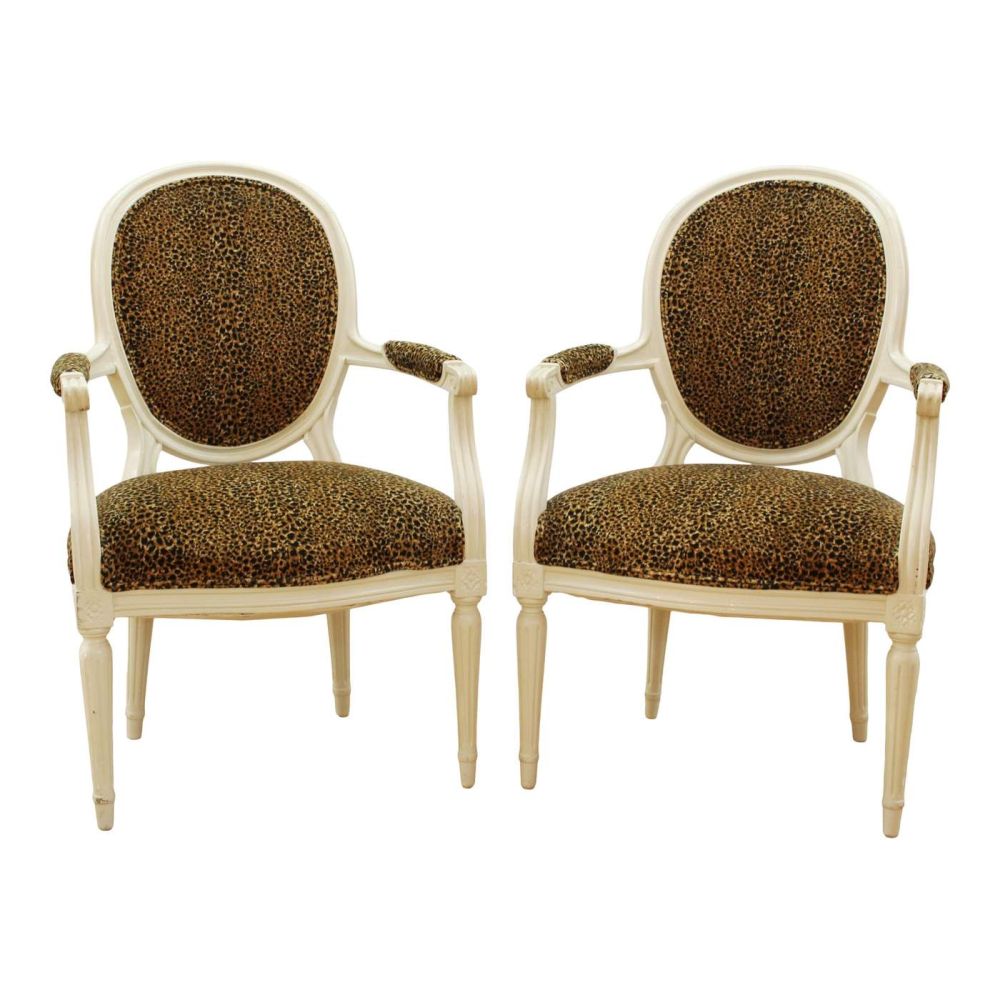 Appraisal: LOUIS XVI STYLE ARMCHAIRS W LEOPARD VELVET UPHOLSTERY French Louis