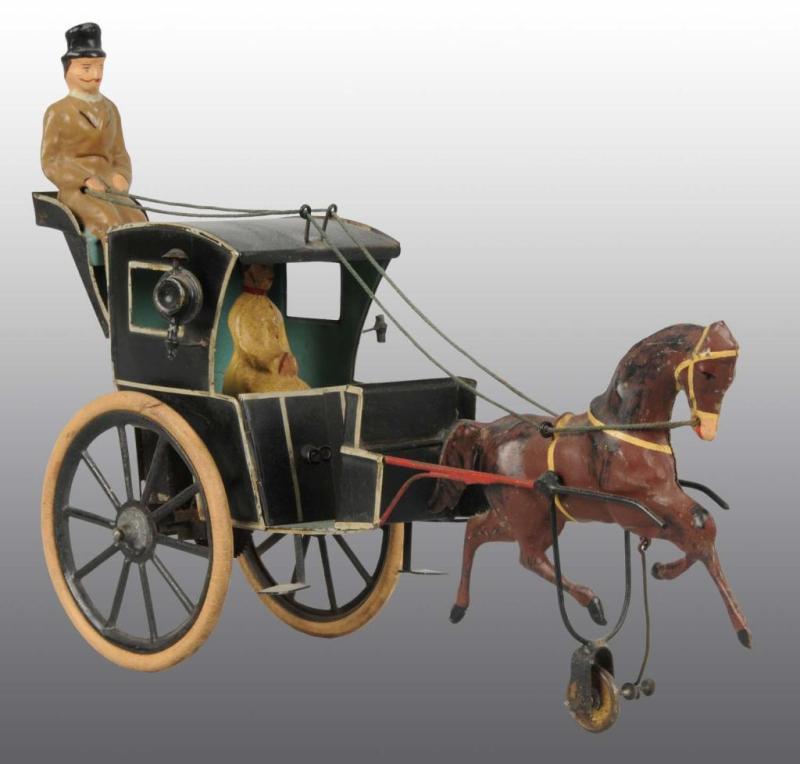 Appraisal: Tin Hand-Painted Horse Drawn Hansom Cab Toy Description German Wind-up