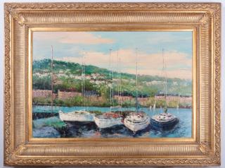 Appraisal: Matt Thomas Oil on Canvas Harbor Scene Matt Thomas English