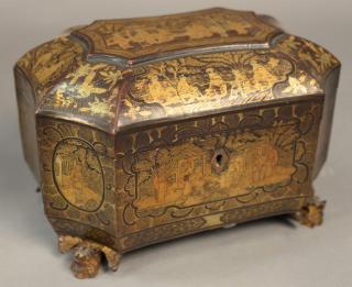 Appraisal: th century Chinese export gilt lacquered tea caddy box octagonal