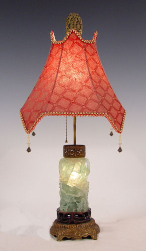 Appraisal: CHINESE CARVED JADE TABLE LAMP ON ROSEWOOD BRASS BASE Measures