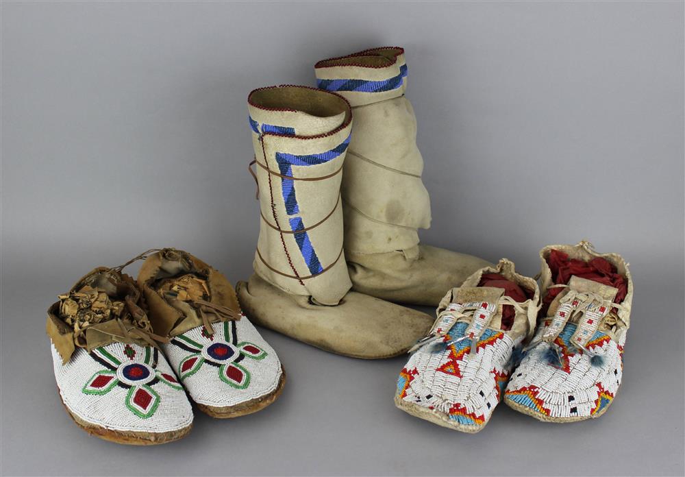 Appraisal: THREE PAIRS OF PLAINS BEADED HIDE CHILD'S MOCCASINS ONE PAIR