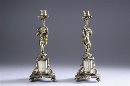 Appraisal: PAIR LOUIS XV-STYLE BRASS AND MARBLE CANDLESTICKS late th century