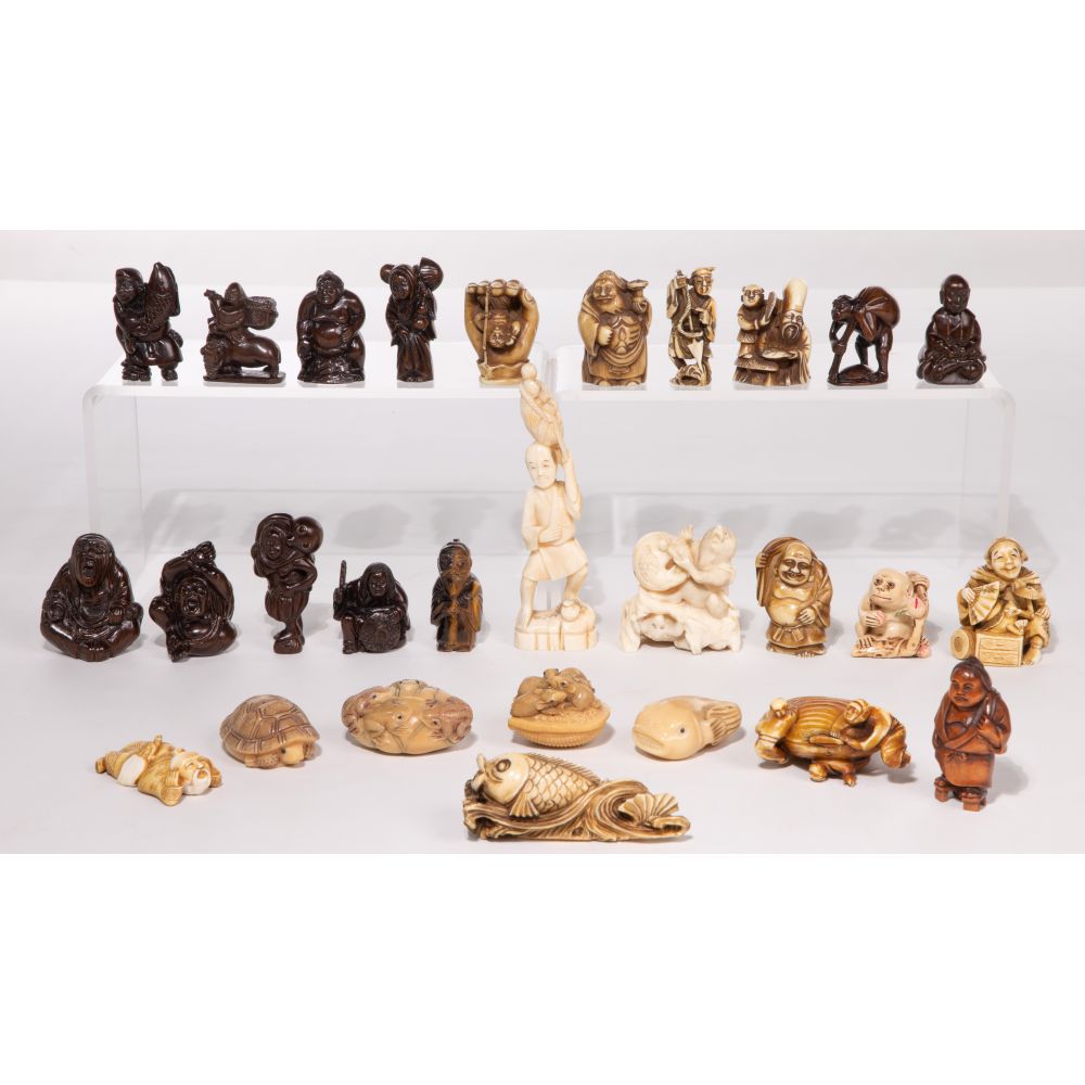 Appraisal: ASIAN NETSUKE AND OKIMONO FIGURINE ASSORTMENT items including Netsuke style