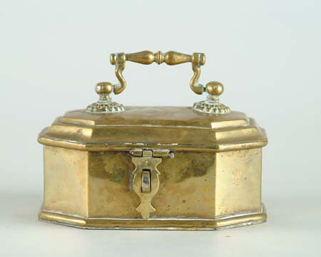 Appraisal: EARLY OCTAGONAL FITTED BRASS ARTIST BOX Hinged stepped lid has