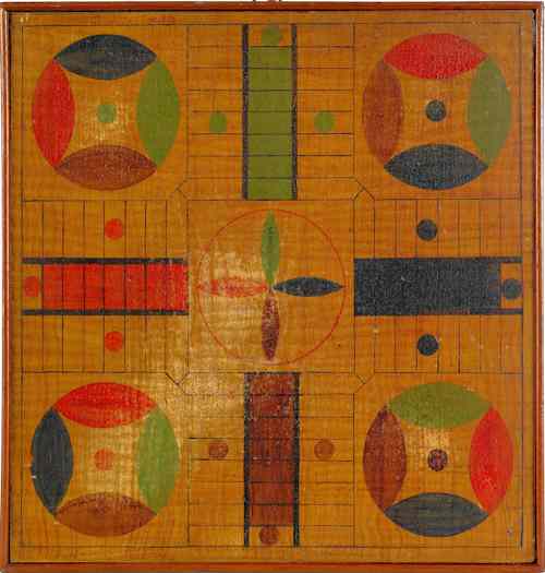 Appraisal: New England painted pine double-sided checkers and Parcheesi game board