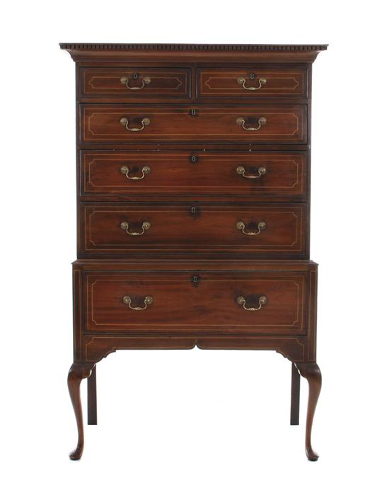 Appraisal: Queen Anne style inlaid mahogany chest on stand circa dentil-molded