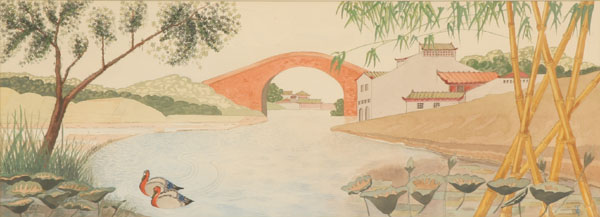 Appraisal: T C th century Japanese landscape with bridge watercolor on