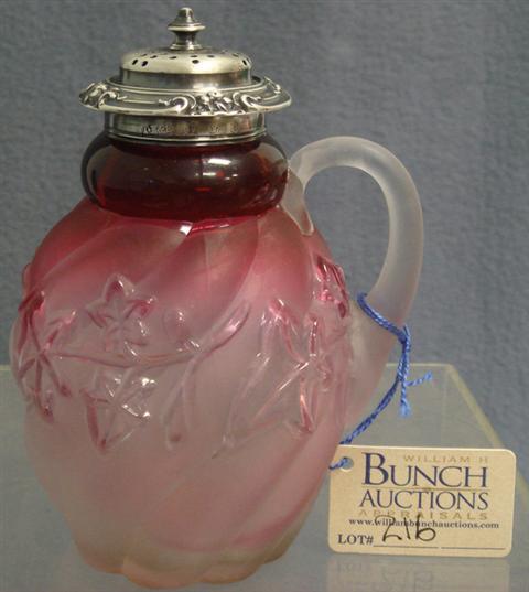 Appraisal: Rubena frosted glass handled shaker with raised vine pattern around