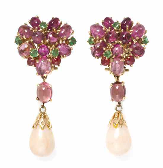 Appraisal: A Pair of Karat Yellow Gold Tourmaline Emerald and Coral