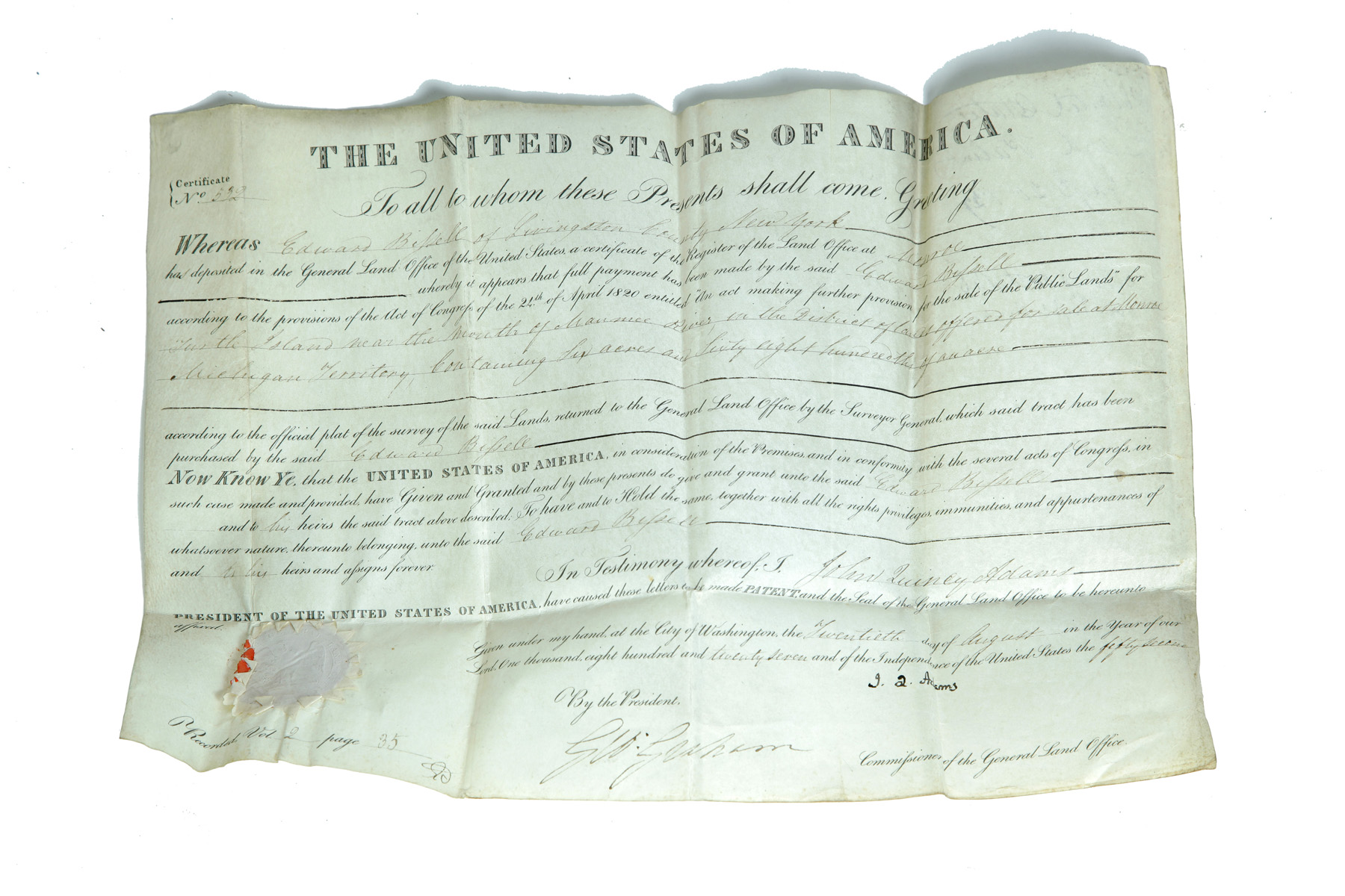 Appraisal: OHIO TERRITORY LAND GRANT SIGNED BY JOHN QUINCY ADAMS Ink