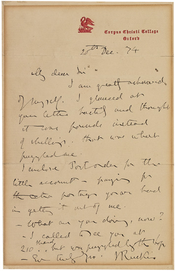 Appraisal: RUSKIN JOHN Autograph Letter Signed JRuskin to an unnamed recipient