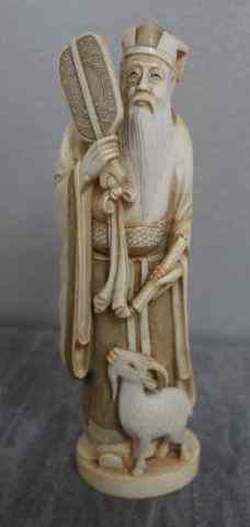 Appraisal: Signed Asian Ivory Figure of a Wise Man Goat From