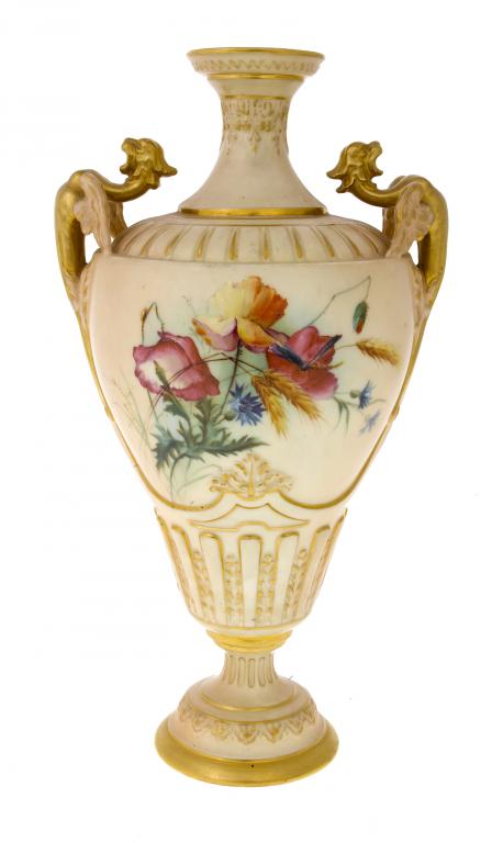 Appraisal: A ROYAL WORCESTER GRIFFIN-HANDLED VASE of ogee form decorated with