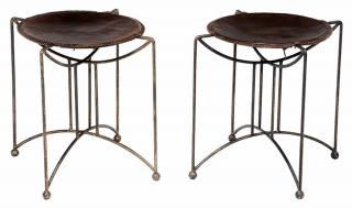 Appraisal: Pair Art Deco Style Gilt Wrought Iron and Leather-Upholstered Stools