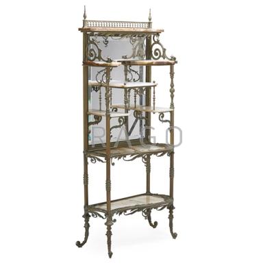 Appraisal: ROCOCO STYLE ETAGERE Gilt metal and onyx mirrored back late