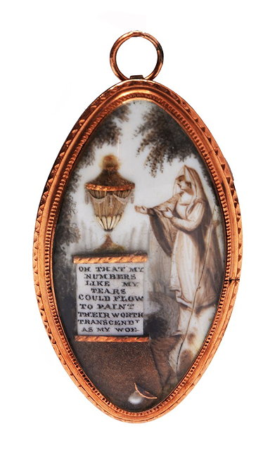 Appraisal: A GEORGIAN PINCHBECK OVAL LOCKET In Memoriam with classical urn