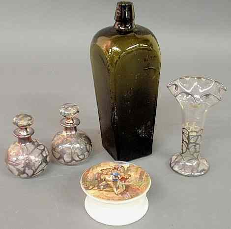 Appraisal: Two silver overlay bottles h vase h decorated porcelain cheese