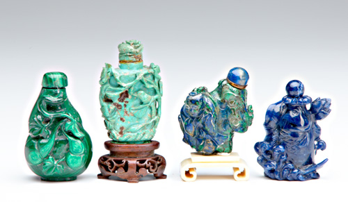 Appraisal: CHINESE SNUFF BOTTLES Four semi-precious stone bottles one malachite double-gourd