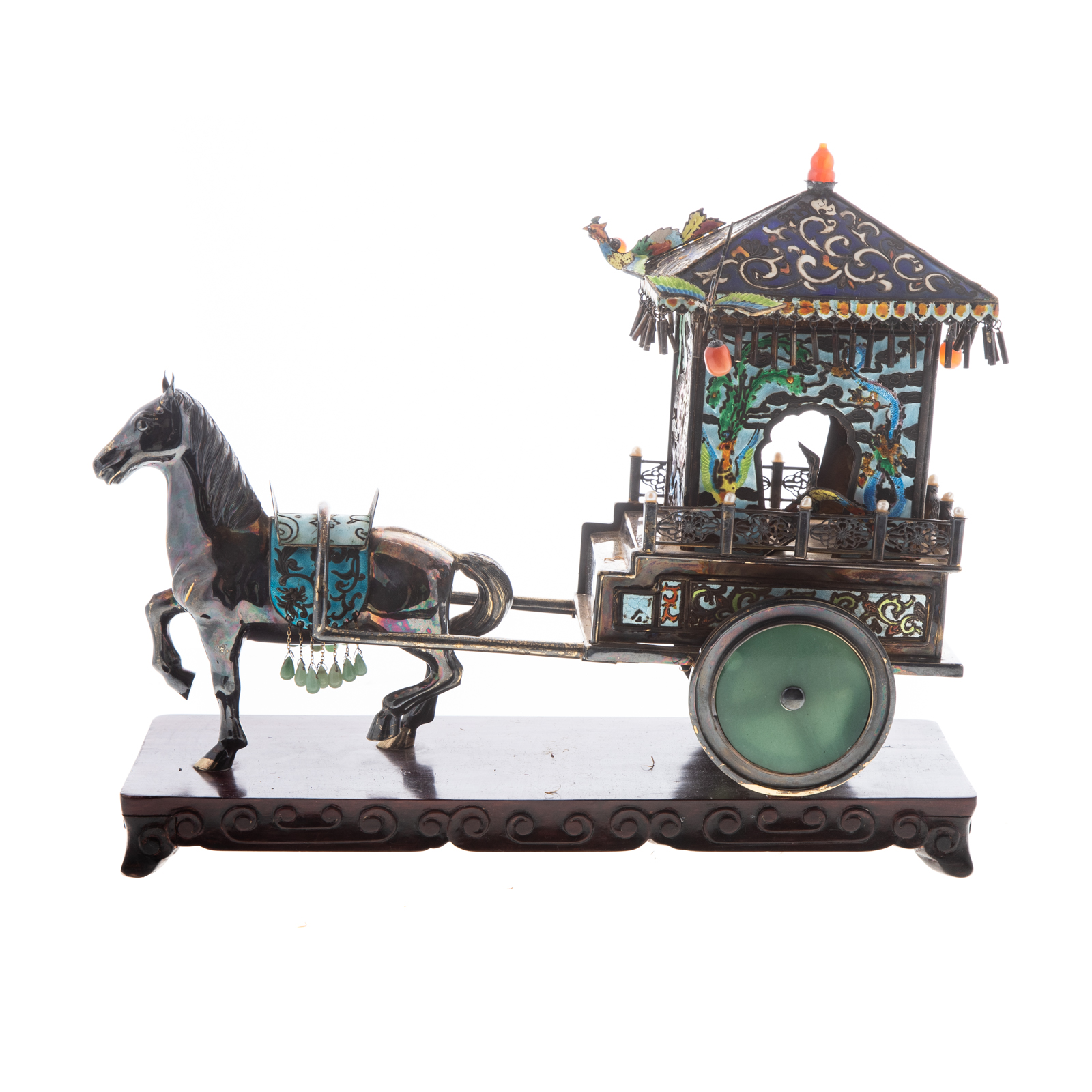 Appraisal: CHINESE SILVER CLOISONNE HORSE DRAWN CARRIAGE Circa s temple form