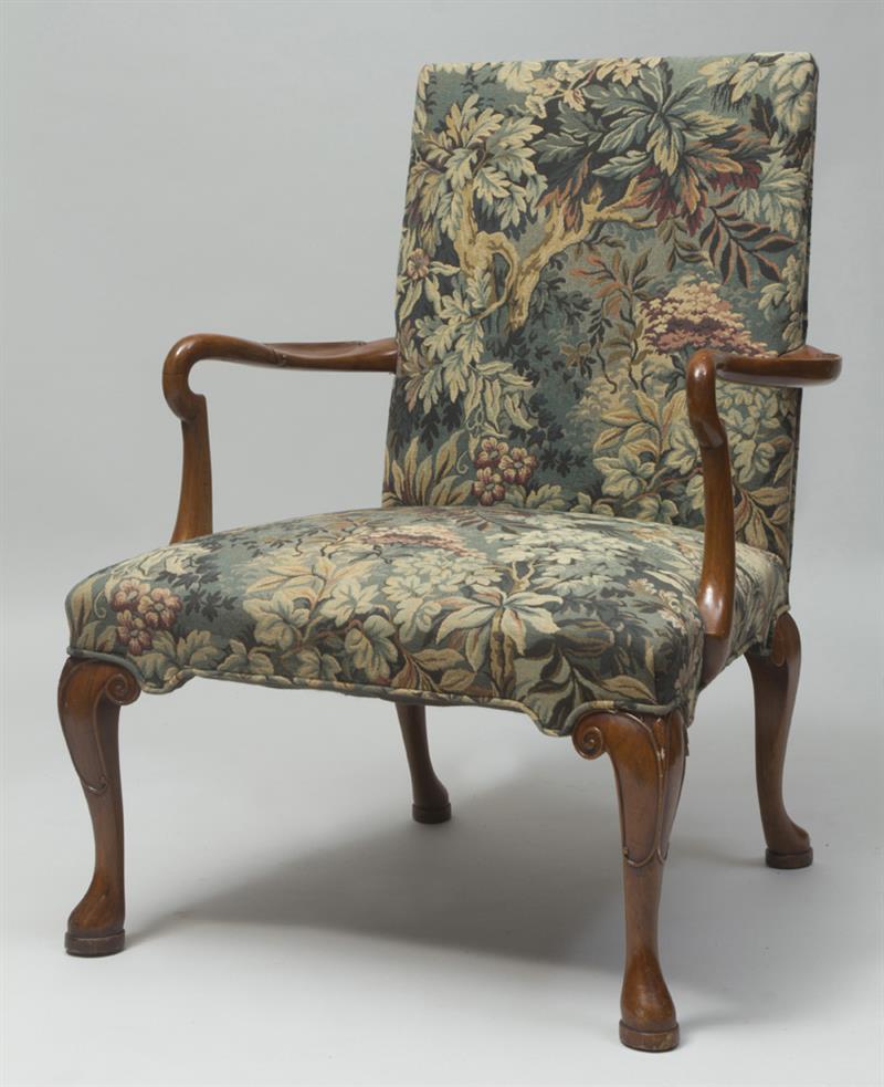 Appraisal: Queen Anne Style Mahogany Armchair With machine woven Verdure Tapestry