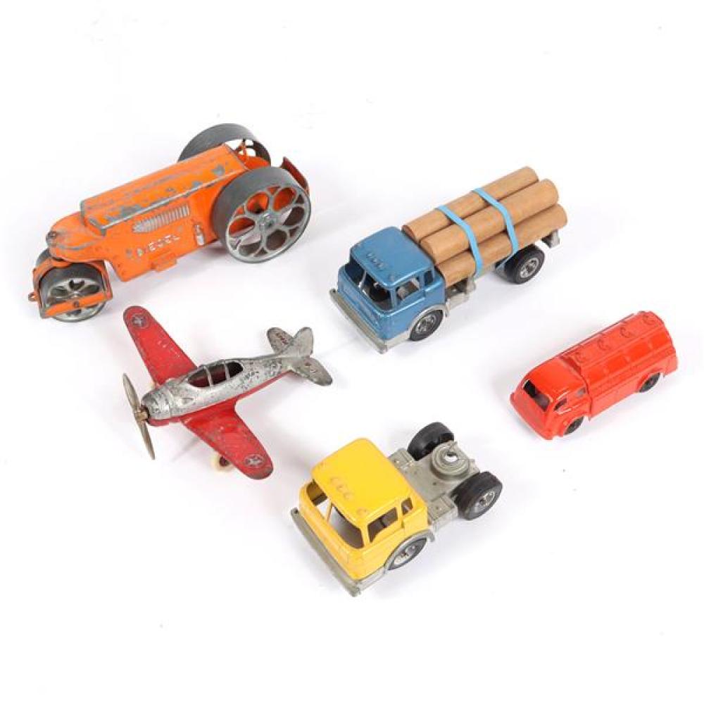 Appraisal: FIVE HUBLEY PAINTED CAST IRON METAL TOYS AIRPLANE DIESEL TRACTOR