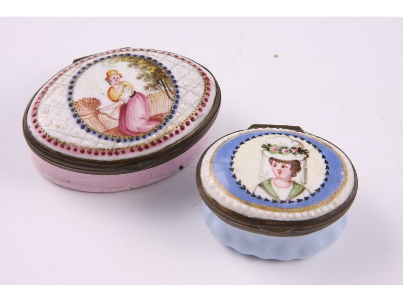 Appraisal: Two Painted Enamel Patchboxes English ca one navette shaped with