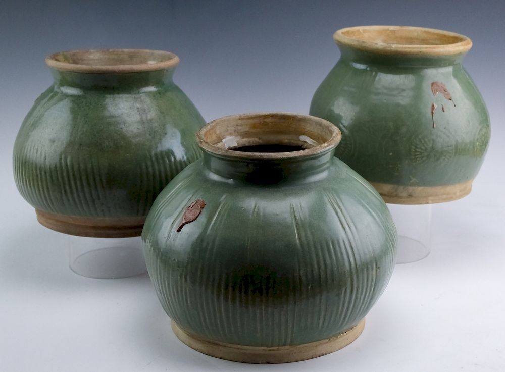 Appraisal: Chinese Export Celadon Glazed Stoneware Pots Collection of three Chinese