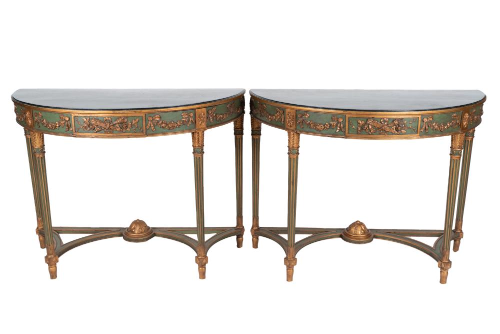 Appraisal: PAIR NEOCLASSIC STYLE PAINTED GILT WOOD CONSOLE TABLESeach with demilune-shaped