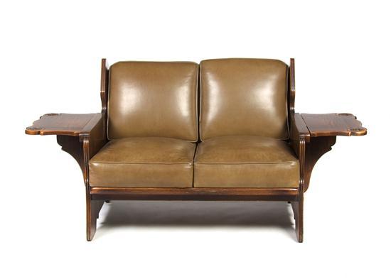 Appraisal: Leather Upholstered Settee with attached drop leaves Height inches