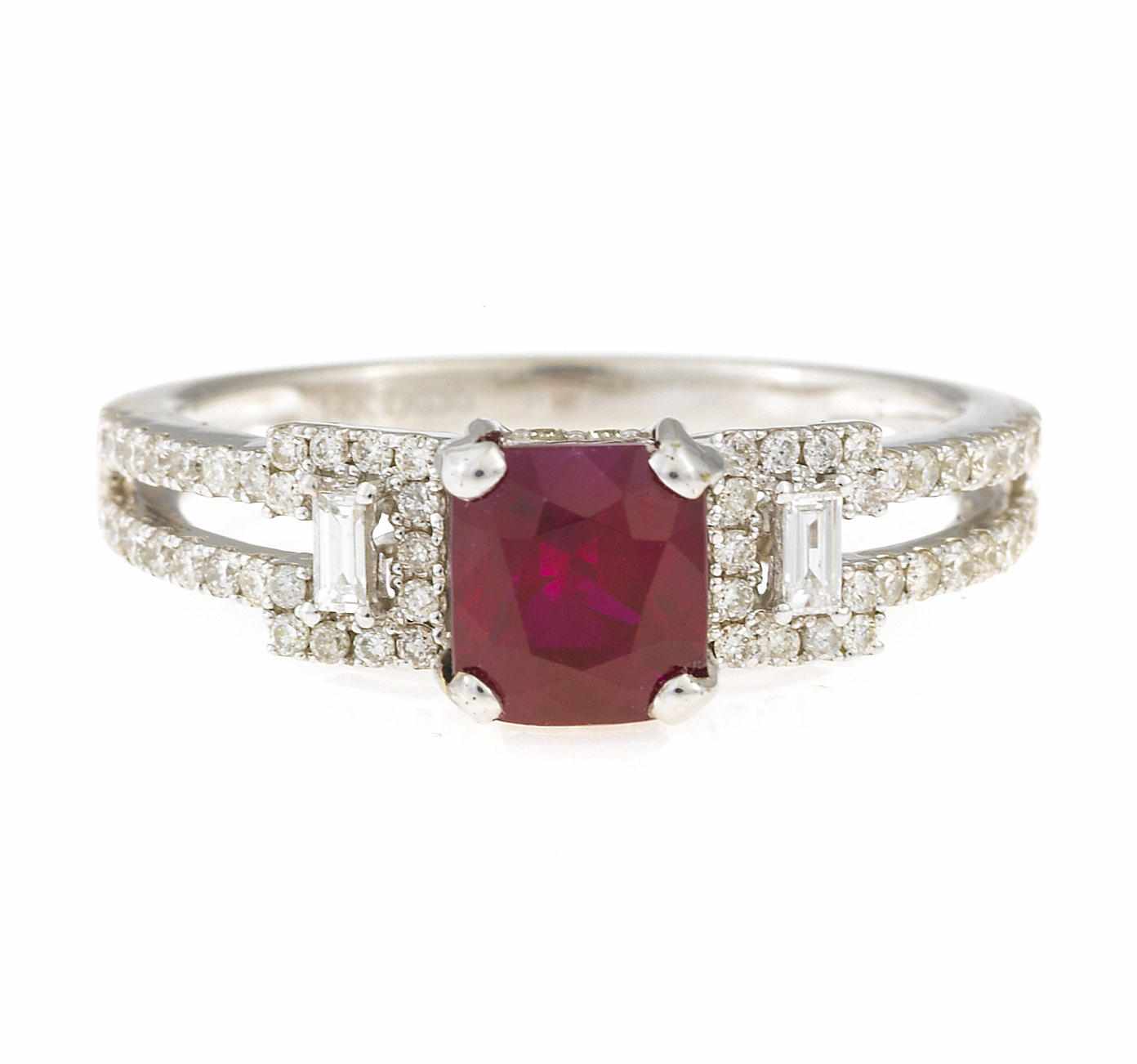 Appraisal: A ruby and diamond ring modified cut-corner square-cut ruby weighing