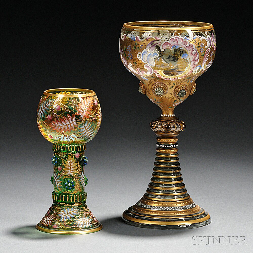 Appraisal: Two Moser-type Gilded and Enameled Green Glass Goblets Bohemia late