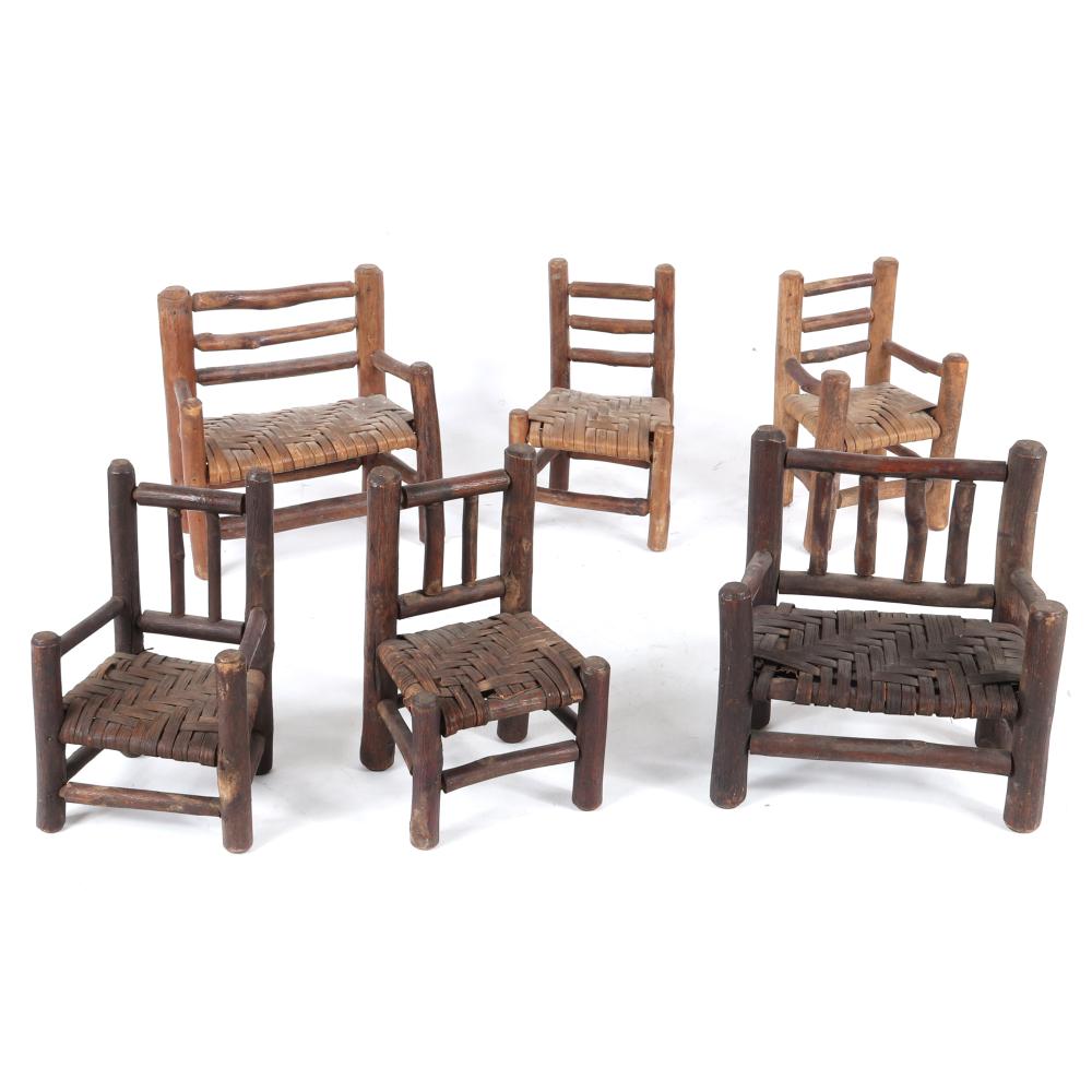 Appraisal: SIX OLD HICKORY MINIATURE SALESMAN SAMPLE FURNITURE DOLL CHAIRS WITH