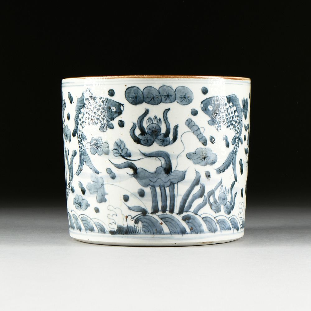 Appraisal: A MING DYNASTY STYLE BLUE AND WHITE PORCELAIN BRUSH POT