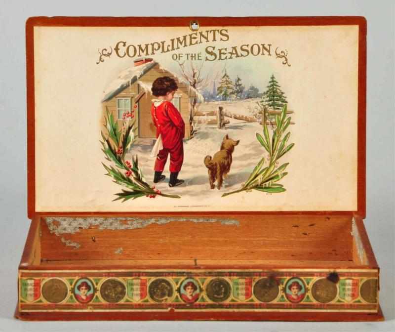 Appraisal: Compliments of the Season Cigar Box Description Dated Rare Features